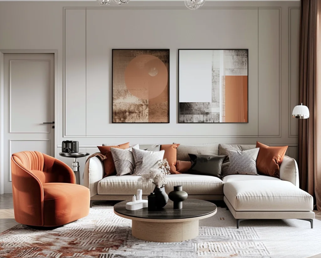 Светло-серая гостиная с персиковыми включениями в стиле современная классика