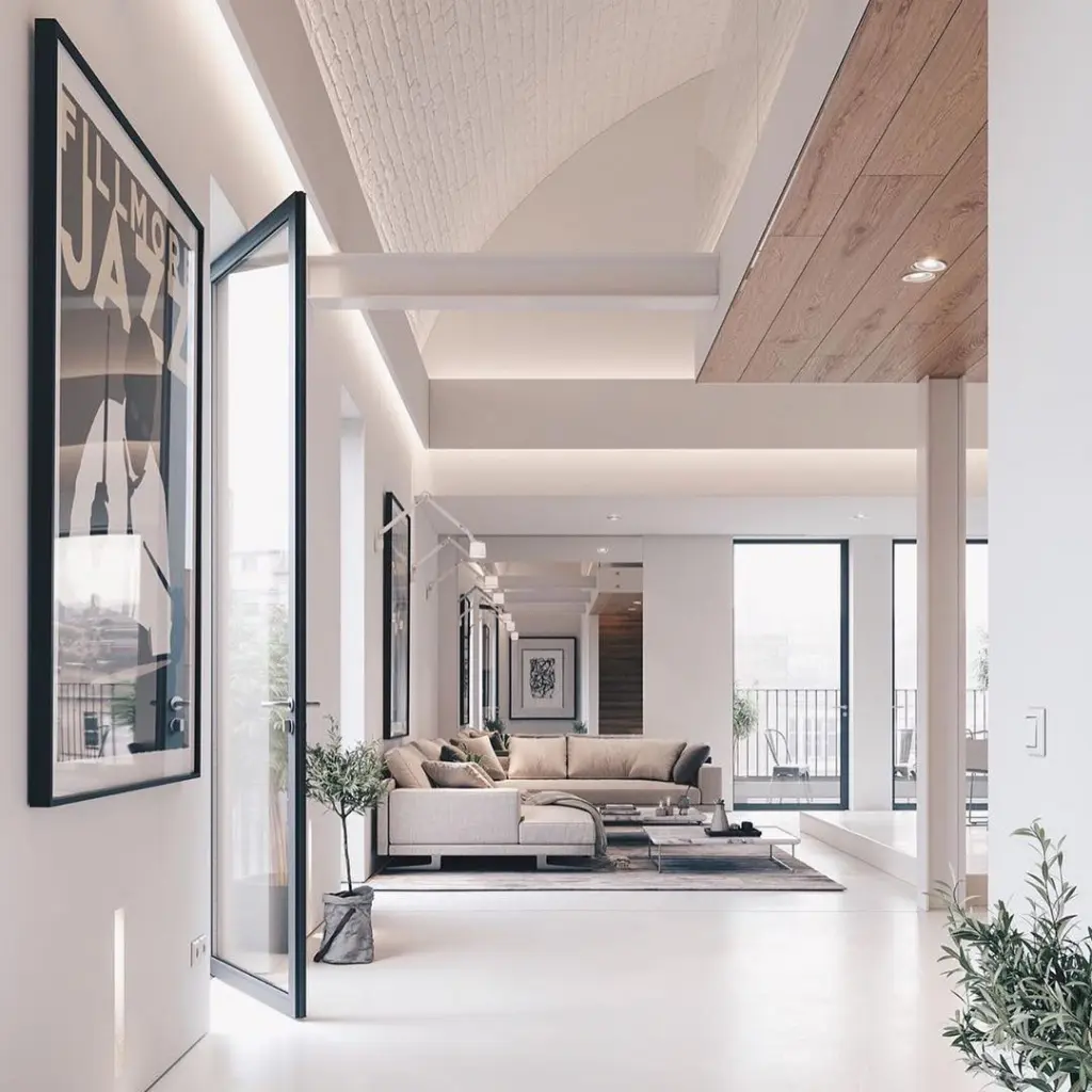 черно-белая гостиная с большим диваном в доме