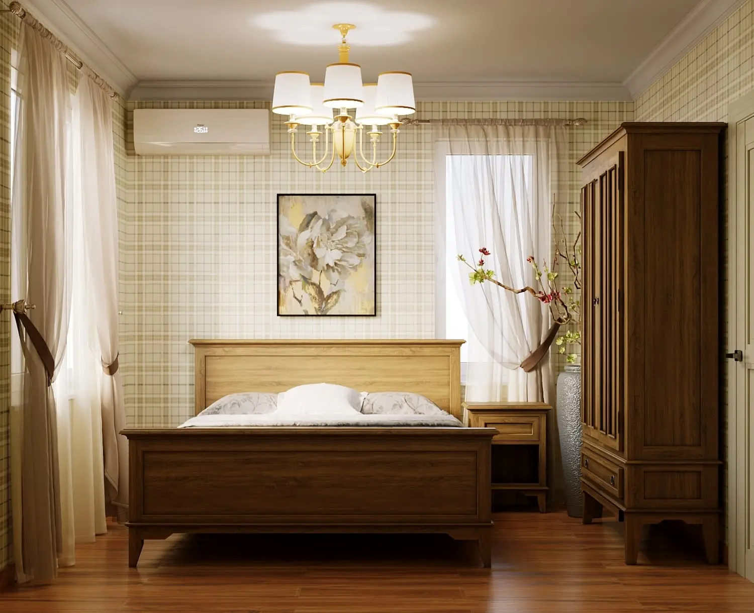 Спальня в природных тонах с деревянной мебелью