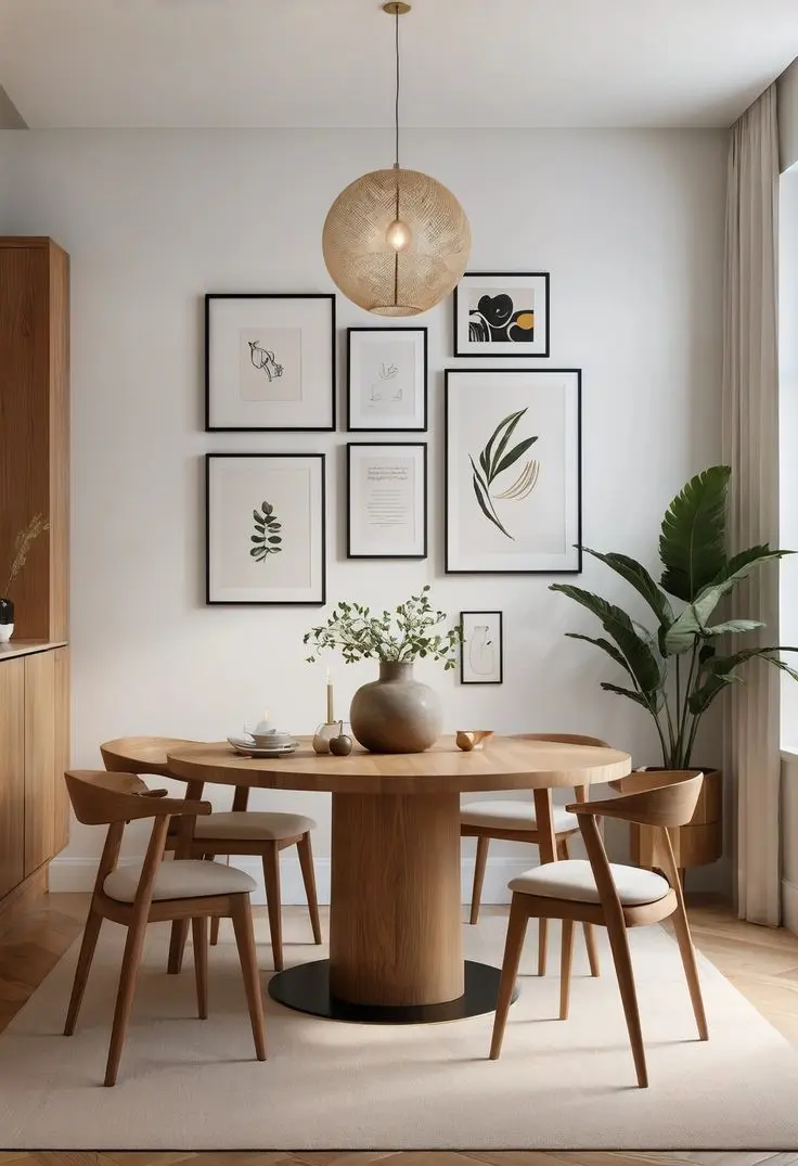 Столовая с круглым столом из натурального дерева