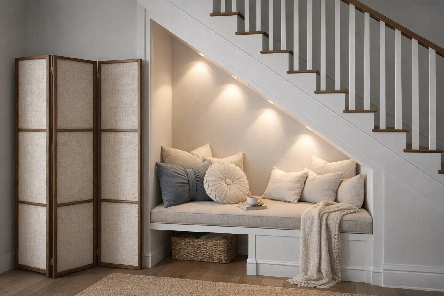 Уютное место для чтения под лестницей для inlavka.ru. Изображение создано с помощью AI GPT-image