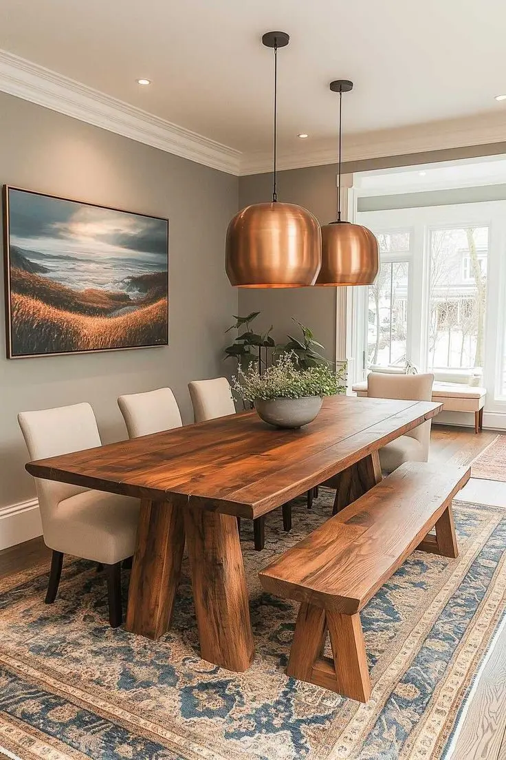 Столовая с массивным деревянным столом и скамьей