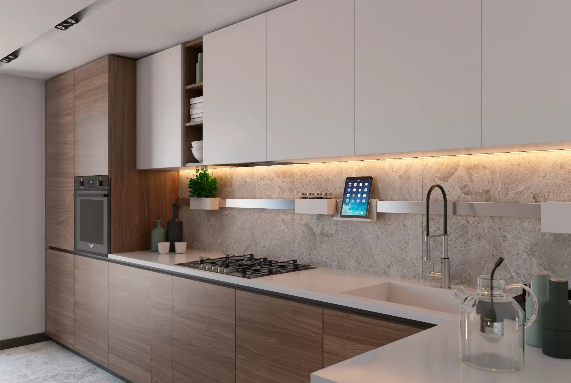 Современная кухня в потолок с колонной