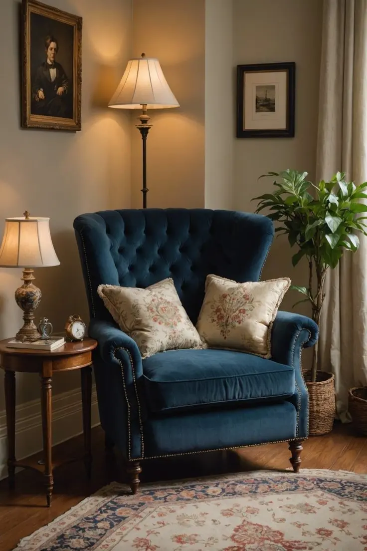 Уголок для чтения с антикварным креслом и столиком