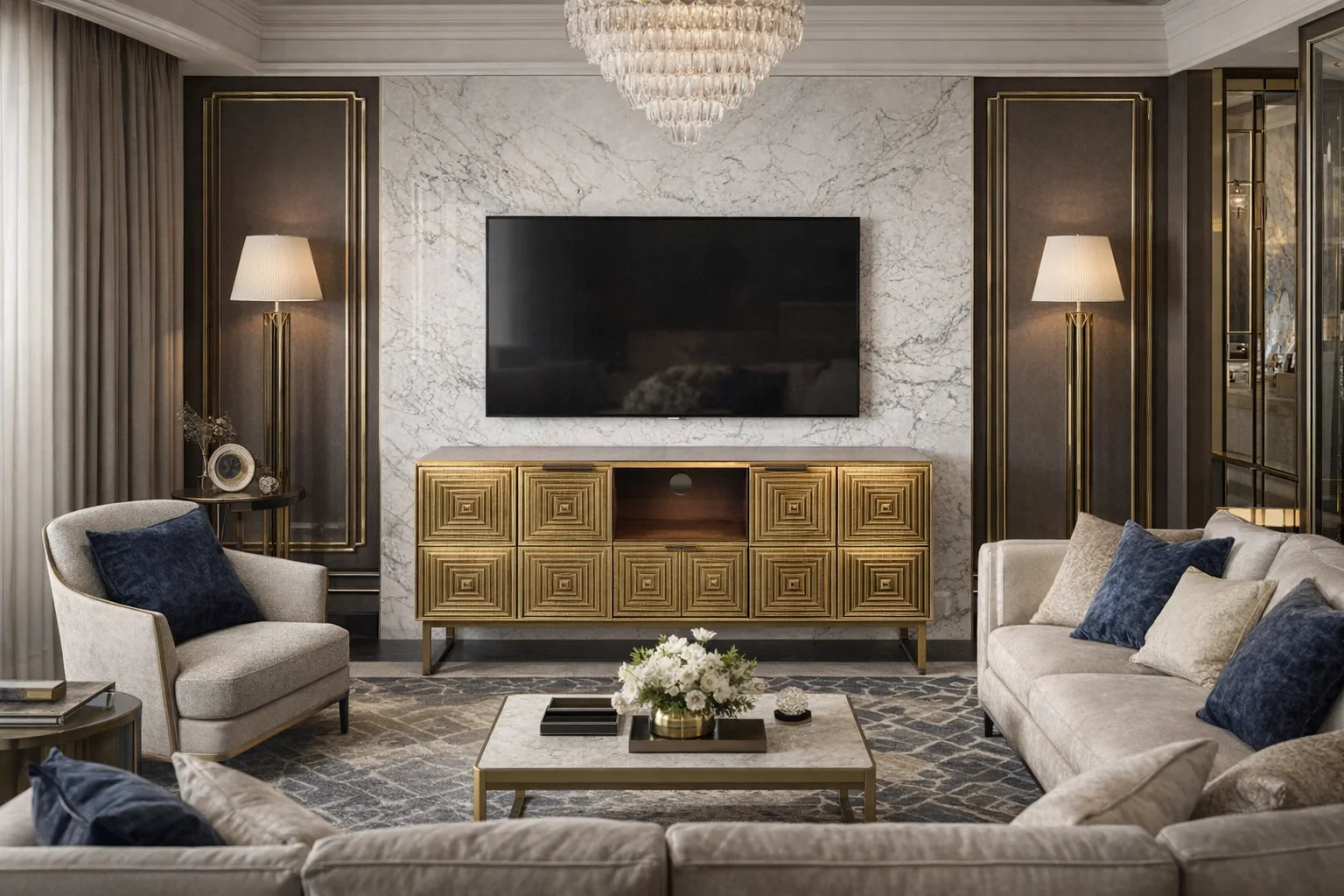 Гостиная в стиле ар-деко с золотой медиа-консолью для inlavka.ru. Изображение создано с помощью AI GPT-Image-1.5