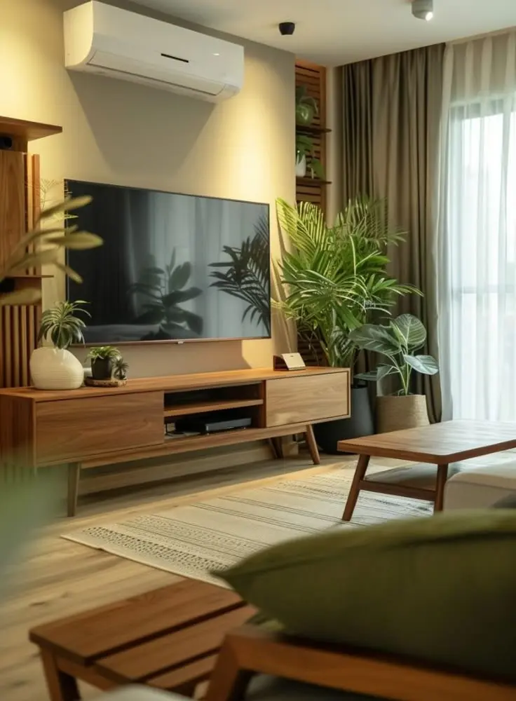 Уютная гостиная в стиле мидсенчери с зеленым диваном