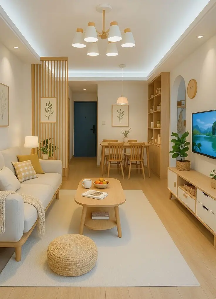 Небольшая гостиная с обеденной зоной в скандинавском стиле