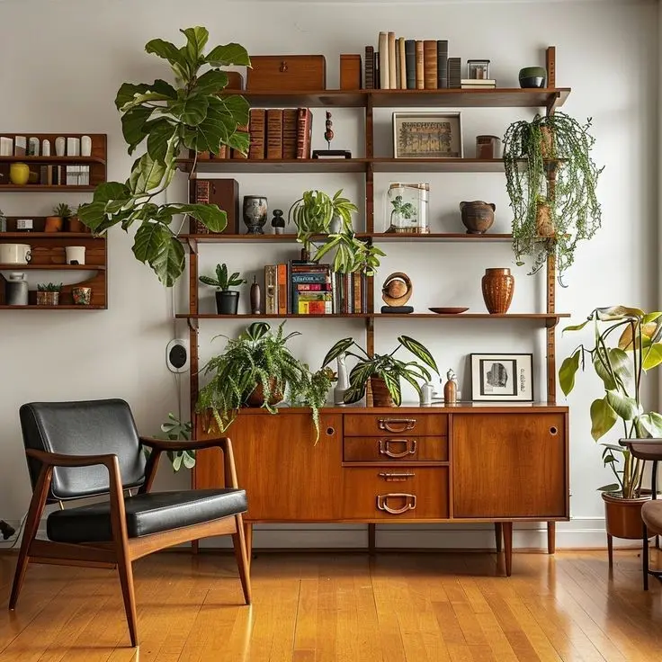 Гостиная в стиле мидсенчери с мебелью из массива дерева