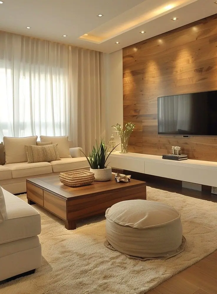 Светлый интерьер с деревянными акцентами в небольшой гостиной