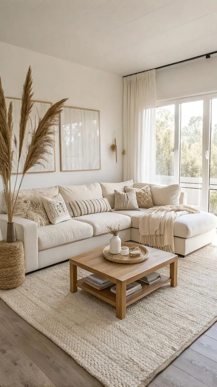 Светлая гостиная в эко-стиле с угловым диваном