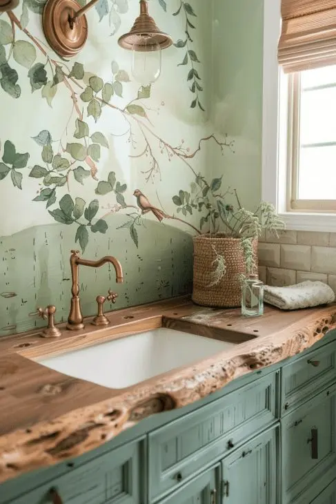 Широкая тумба под раковину с массивной деревянной столешницей в стиле Прованс