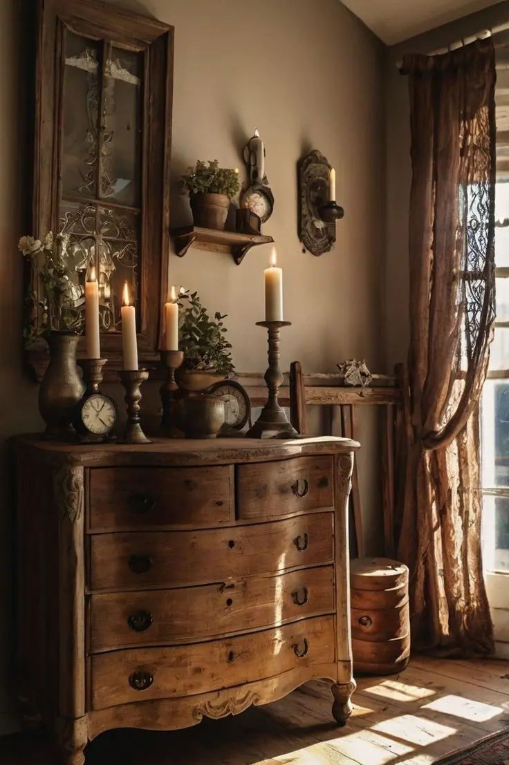 Старинный деревянный комод и зеркало