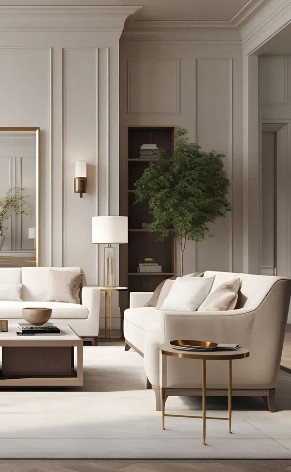 Изысканная светлая гостиная с золотыми деталями в стиле современная классика Изысканная светлая гостиная с золотыми деталями в стиле современная классика