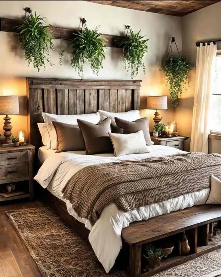 Спальня с деревянной мебелью и живыми растениями в стиле Прованс Спальня с деревянной мебелью и живыми растениями в стиле Прованс