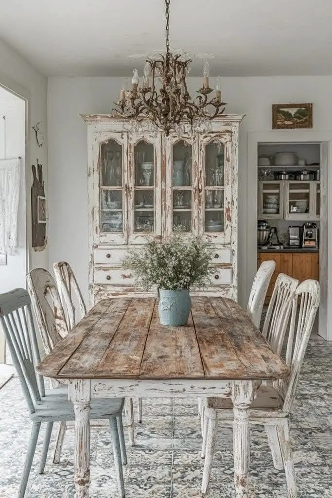 Столовая с состаренной мебелью в стиле Прованс