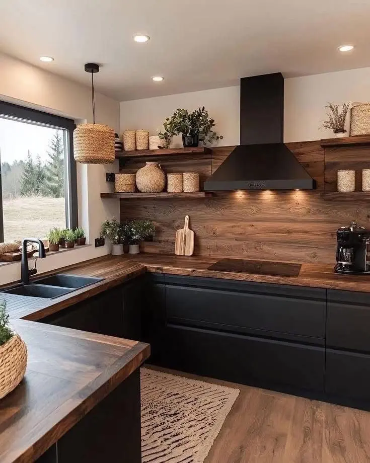 Стильная черная кухня с деревянной столешницей