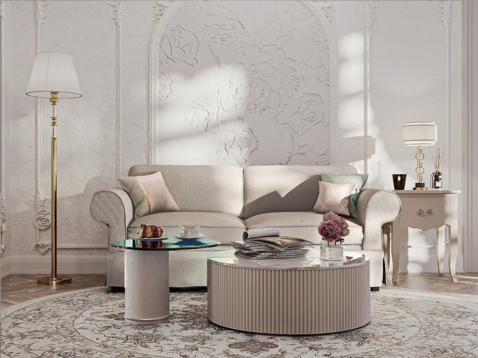 Диван Селестина в светлой обивке из натурального льна