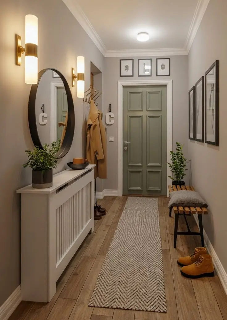 Узкая светлая прихожая с консолью