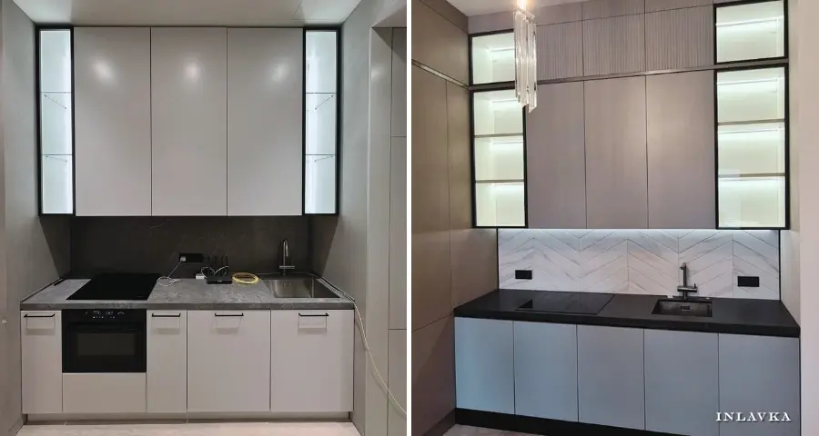 Компактные современные кухни со стеклянными фасадами и подсветкой