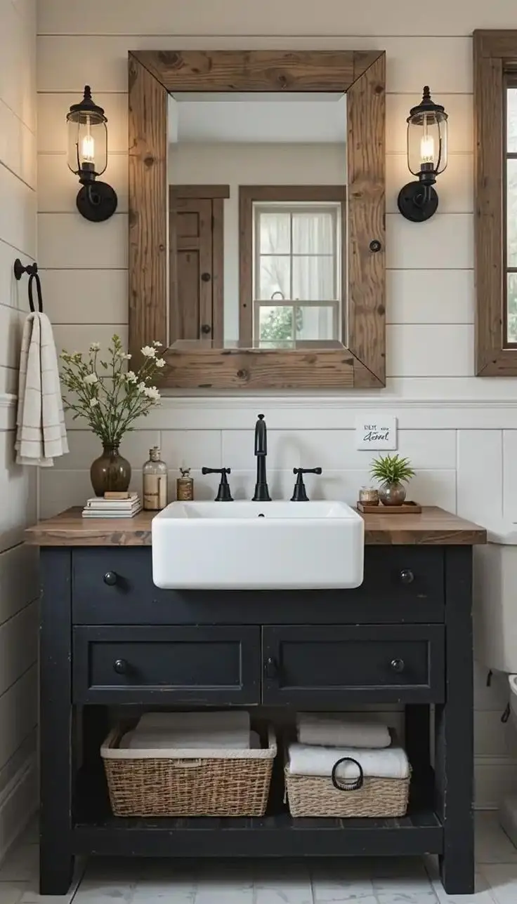 Прованская ванная комната с темной тумбой