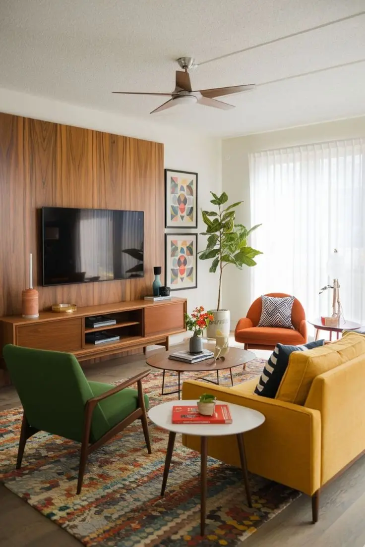 Яркая гостиная в стиле мидсенчери