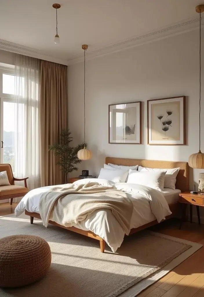 Спальня с деревянной мебелью в стиле мидсенчери Спальня с деревянной мебелью в стиле мидсенчери