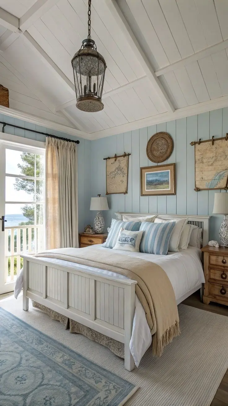 Спальня в бело-голубых тонах с натуральным деревом