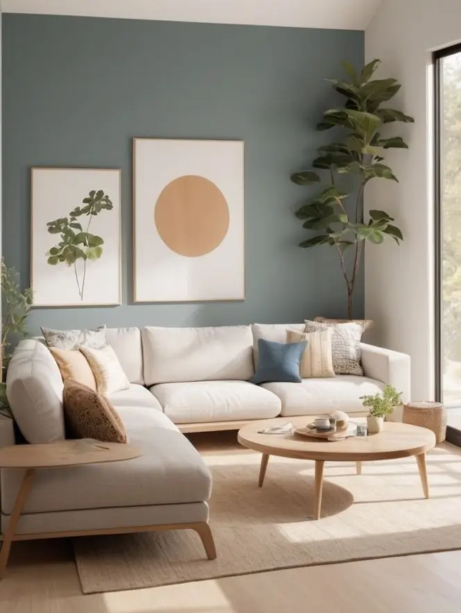 Миниатюрная гостиная в стиле джапанди с серо-голубыми акцентами Миниатюрная гостиная в стиле джапанди с серо-голубыми акцентами