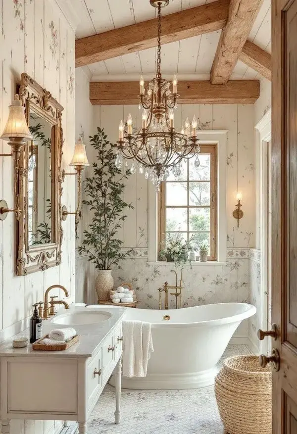 Прованская ванная комната с окном