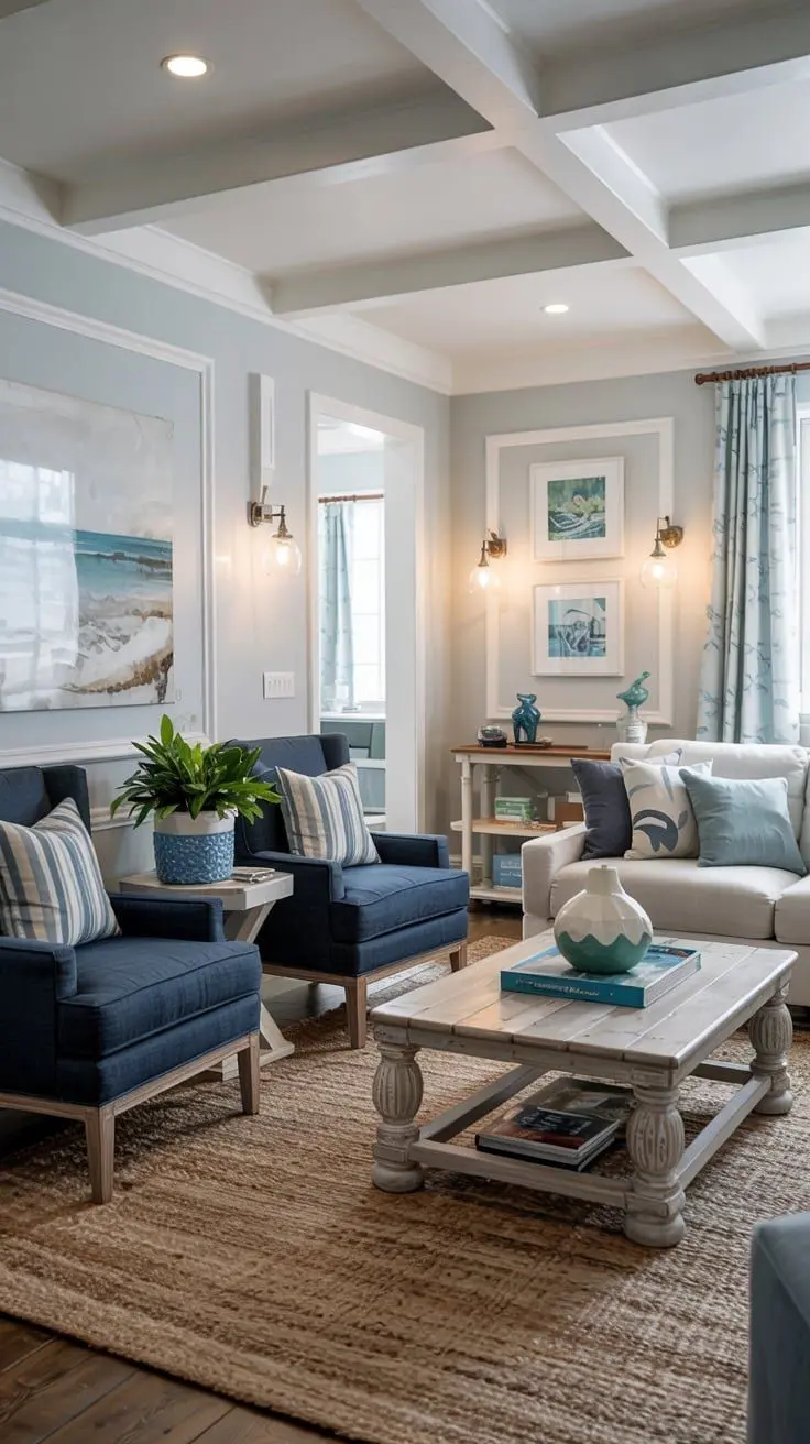 Светлая гостиная с сине-голубыми акцентами в стиле Прибрежное шале