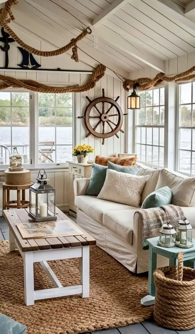 Светлая гостиная в стиле прибрежного шале