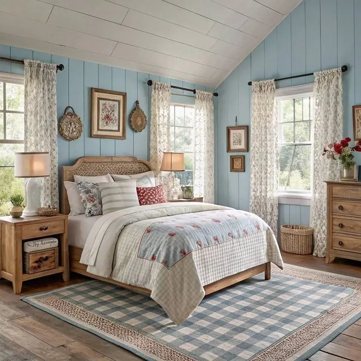 Спальня с голубыми стенами и деревянной мебелью в стиле Прованс