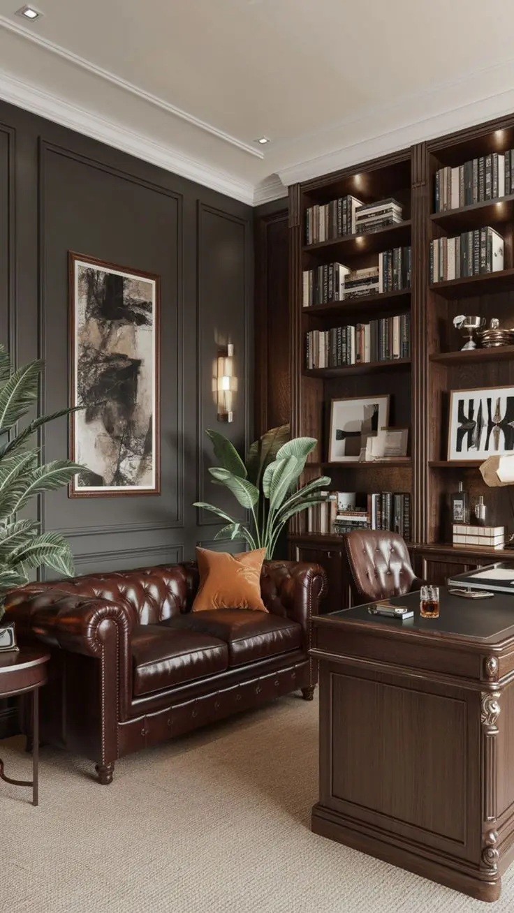 Темно-серый кабинет с коричневым кожаным диваном