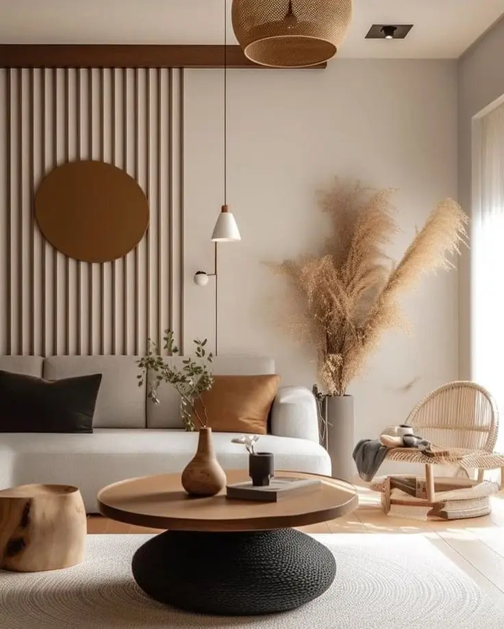 Светлая гостиная в стиле Джапанди с круглым журнальным столиком Светлая гостиная в стиле Джапанди с круглым журнальным столиком