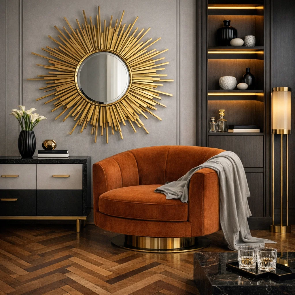 Гостиная в стиле ар-деко с зеркалом с лучами для inlavka.ru. Изображение создано с помощью AI GPT-Image-1.5