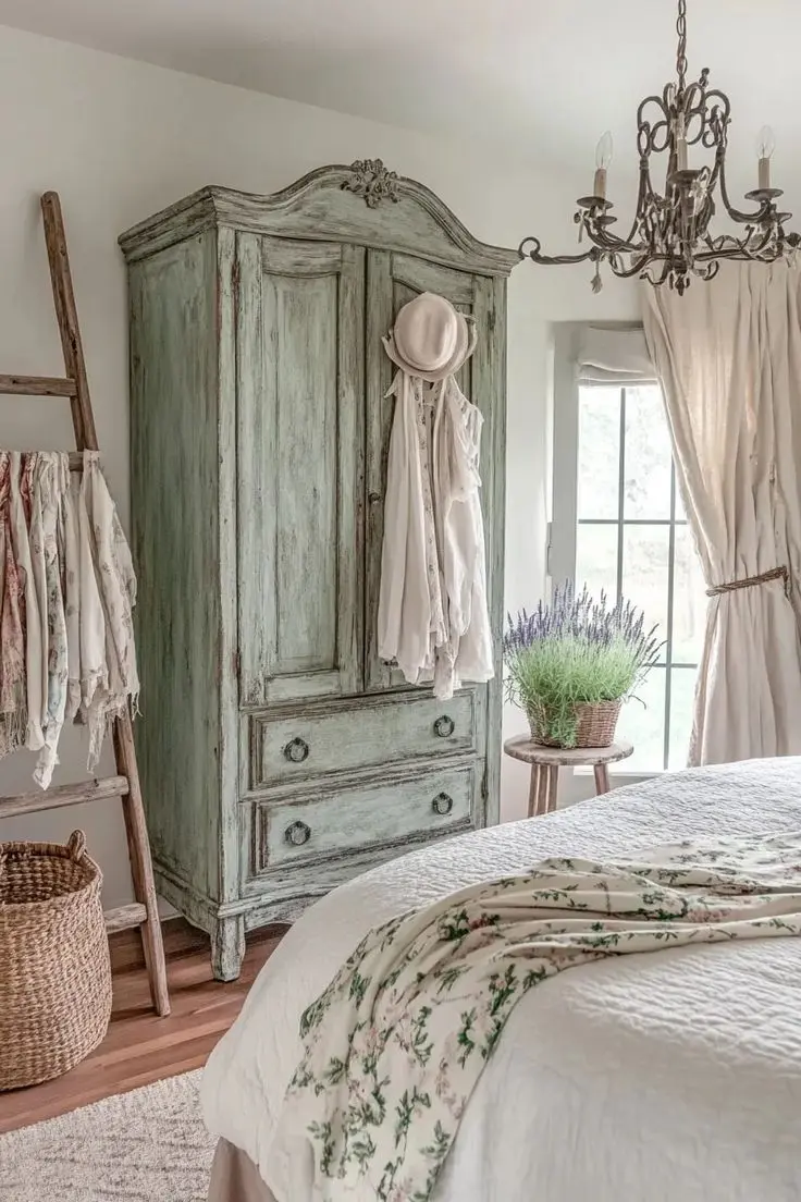 Состаренный шкаф цвета шалфея в спальне в стиле Прованс
