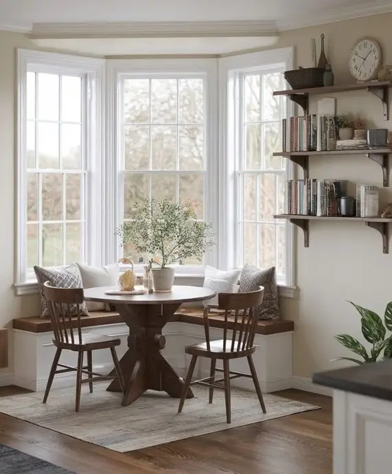 Обеденная зона в эркере с угловым диванчиком с системой хранения