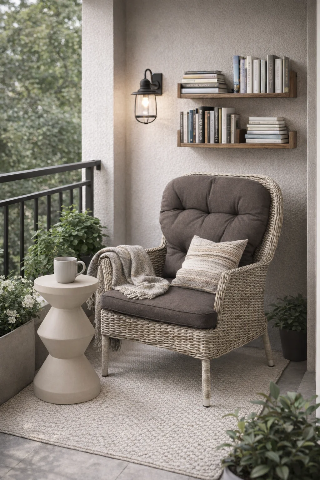 Светлый атмосферный уголок для чтения на балконе для inlavka.ru. Изображение создано с помощью AI GPT-image