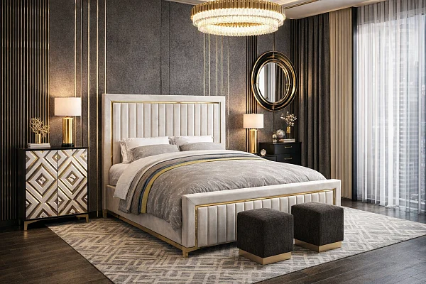 Изысканная спальня в стиле ар-деко с белой кроватью и золотыми элементами для inlavka.ru. Изображение создано с помощью AI GPT-Image-1.5 