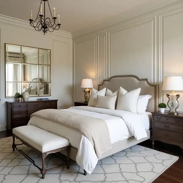 Светлая спальня с темной деревянной мебелью в стиле современной классики