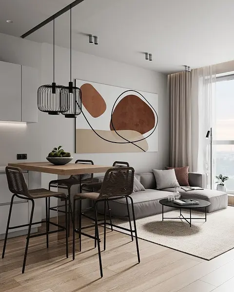 Кухня-гостиная с черными металлическими акцентами