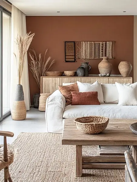 Гостиная с терракотовой стеной в эко-стиле