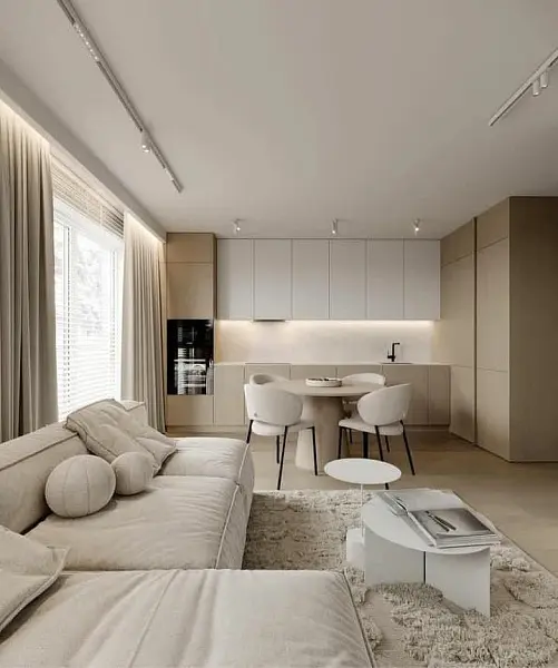 Светлая кухня-гостиная в минималистичном дизайне