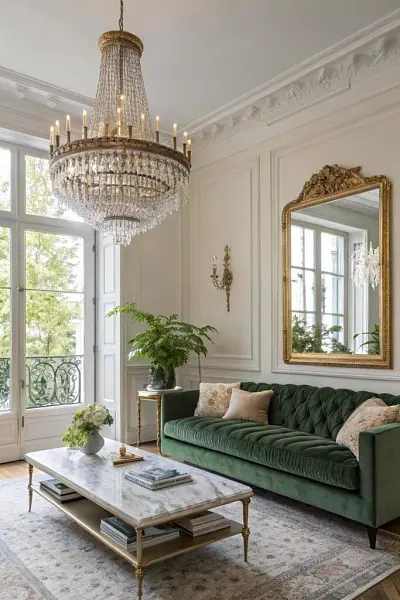 Гостиная с зеленым диваном и массивной люстрой в стиле современная классика Гостиная с зеленым диваном и массивной люстрой в стиле современная классика