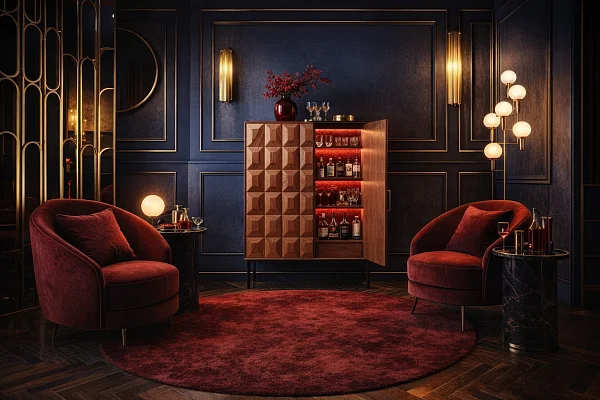 Камерная гостиная с барным шкафчиком в стиле ар-деко для inlavka.ru. Изображение создано с помощью AI GPT-Image-1.5