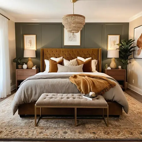 Спальня в горчично-оливковых тонах