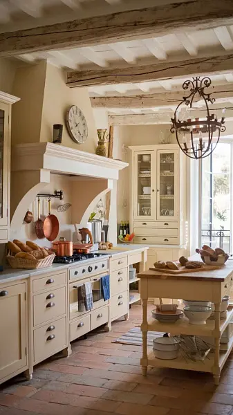 Кухня прованс в бежевых тонах с медными аксессуарами