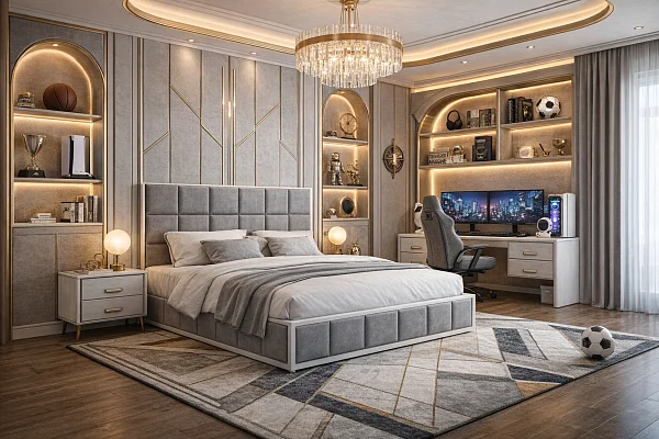 Подростковая комната в серых тонах в стиле ар-деко для inlavka.ru. Изображение создано с помощью AI GPT-Image