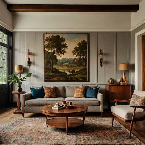 Гостиная с деревянной мебелью и цветными акцентами