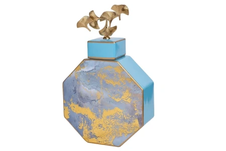 Ваза керамическая с крышкой голубая с золотом 25х10х41 см